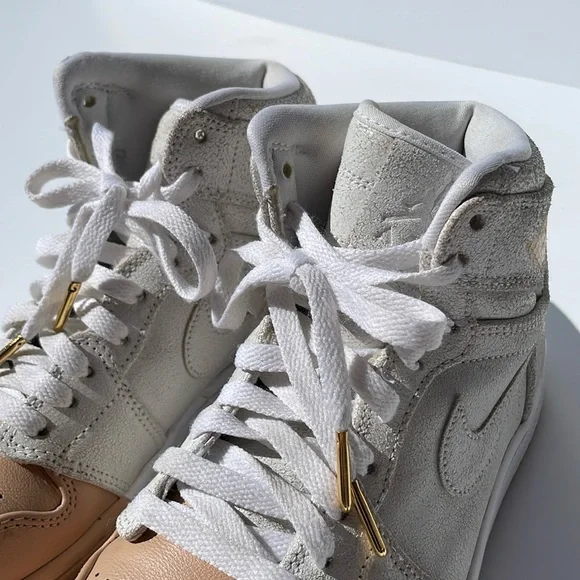 Dipped Retro Air Jordan 1 high top lustre white leather with tan toe & gold logo - Picture 2 of 10